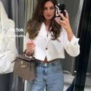 NWT ZARA BASIC CROP BLAZER ECRU